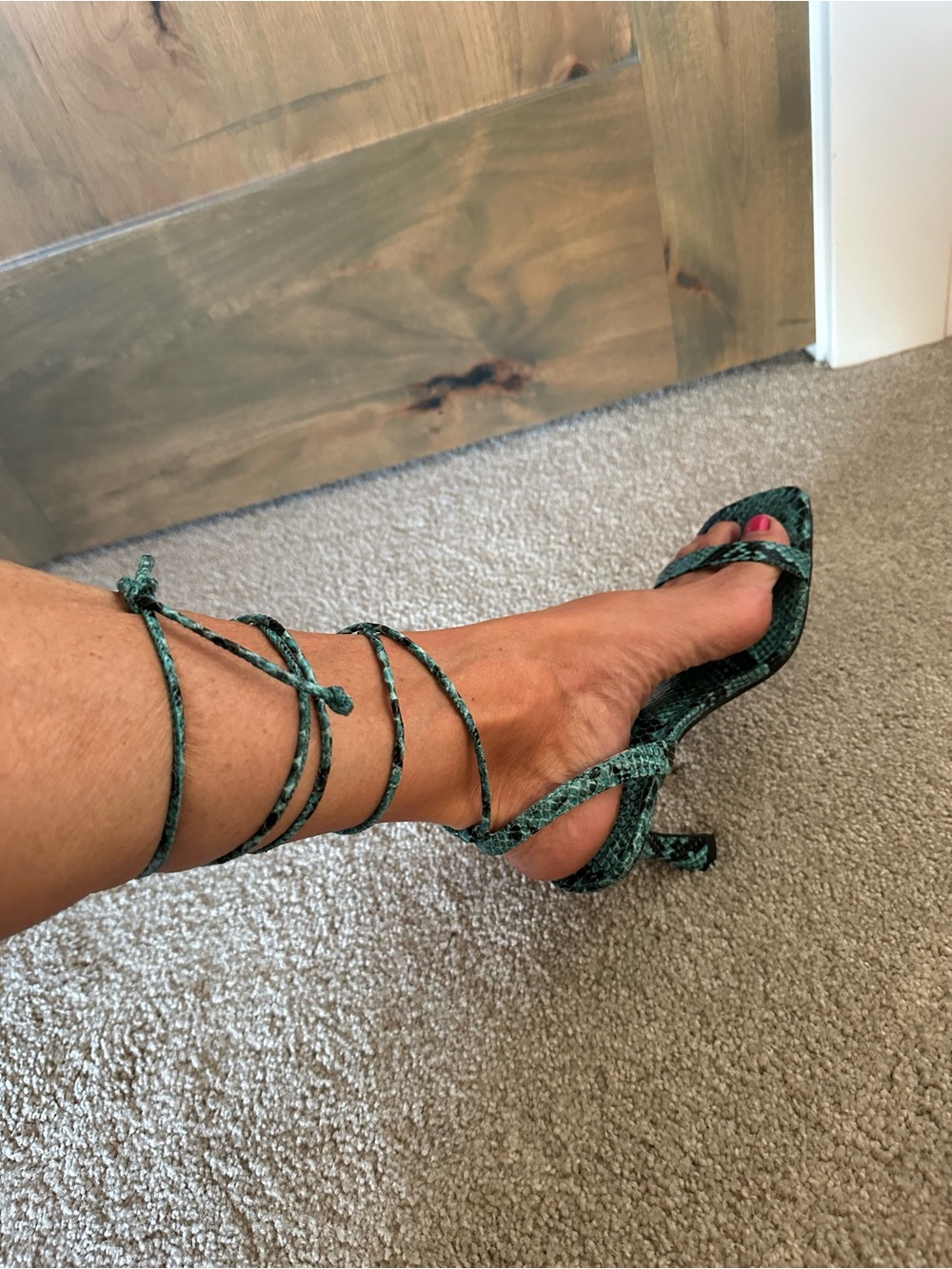 Blue Snake-Print Lace-Up Women's Heeled Sandals - Picture 2 of 8